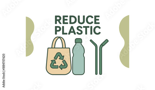 Flat vector illustration of reduce plastic poster reusable bag bottle and straw soft environmental awareness style