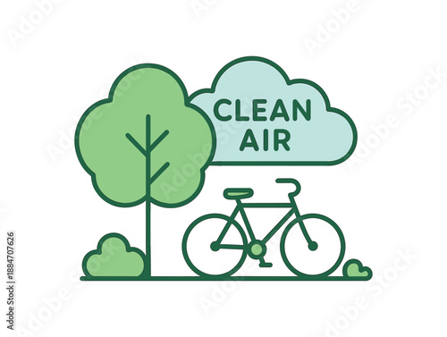 Flat vector illustration of clean air campaign tree cloud and bicycle soft environmental awareness style