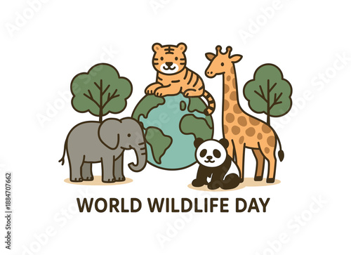 Flat vector illustration of world wildlife day animals trees and globe soft environmental awareness style