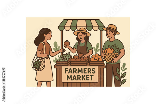 Flat vector illustration of local farmers market with reusable bags baskets and fruits soft environmental awareness style