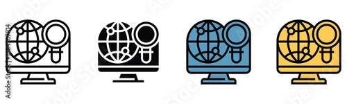 Global internet search and data exploration on a desktop monitor icon set