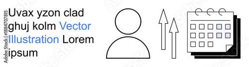 Business leadership, planning, career growth, organization, time management, strategy. Minimal person icon with arrows and calendar. Business leadership and planning concepts