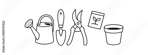 five gardening tools watering can trowel pruning shears seed packet plant pot flat vector illustration clean black line art minimal detail no color white background hand drawn look isolated