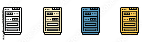 Modern server rack icon set depicting data storage and network infrastructure