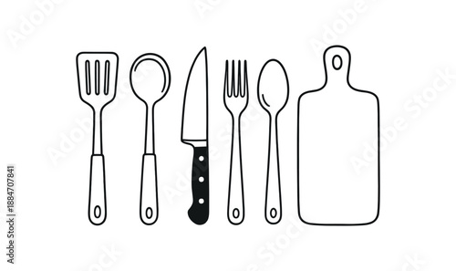 six kitchen utensils spatula ladle knife fork spoon cutting board flat vector illustration clean black line art minimal detail no color white background hand drawn look isolated composition