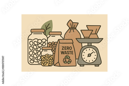 Flat vector illustration of zero waste store jars paper bags and balance scales soft environmental awareness style