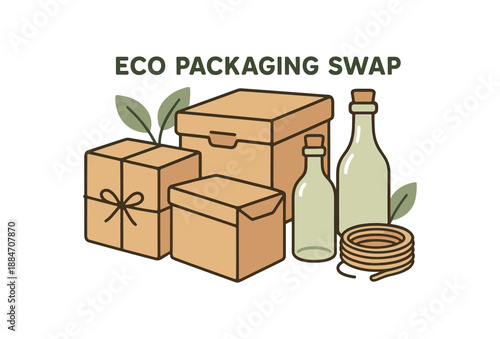 Flat vector illustration of eco packaging swap paper boxes glass bottles and rope soft environmental awareness style