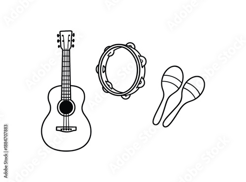 three musical instruments acoustic guitar tambourine maracas flat vector illustration clean black line art minimal detail no color white background hand drawn look isolated composition