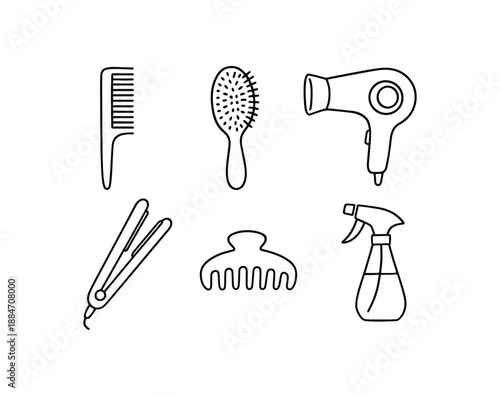 six hair care tools comb brush hair dryer straightener hair clip spray bottle flat vector illustration clean black line art minimal detail no color white background hand drawn look isolated