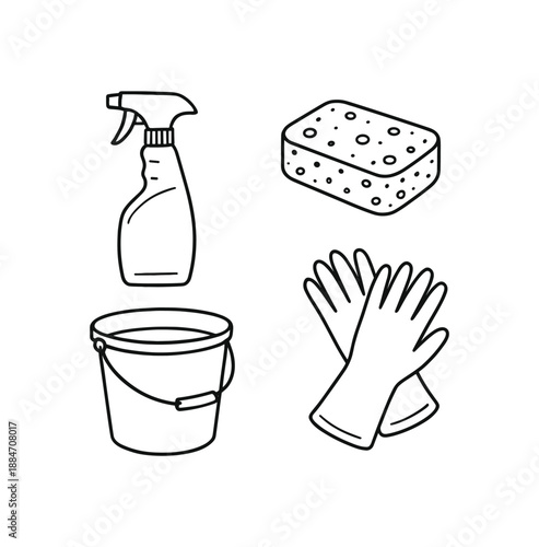 four cleaning supplies spray bottle sponge bucket rubber gloves flat vector illustration clean black line art minimal detail no color white background hand drawn look isolated composition