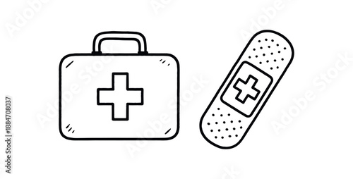 two first aid items cross marked kit adhesive bandage flat vector illustration clean black line art minimal detail no color white background hand drawn look isolated composition