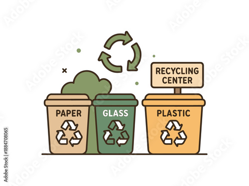 Flat vector illustration of recycling center bins paper glass plastic and arrows soft eco awareness style