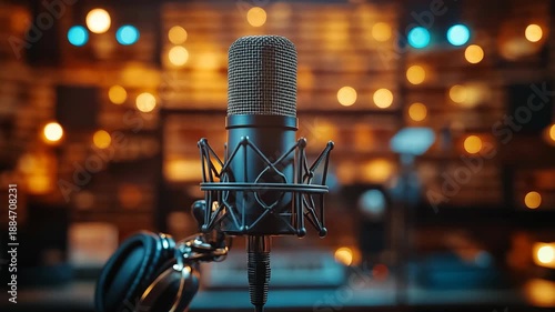 Professional studio condenser microphone on stand with warm gold bokeh lights, audio equipment for radio broadcast, music podcast, speech vlog and sound promo