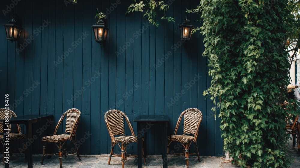 Naklejka premium Charming Outdoor Cafe Seating with Wicker Chairs and Decorative Lighting Against a Stylish Blue Wall