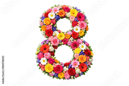 Number eight shape formed from a collection of colorful flowers including pink yellow red and white against a plain backdrop