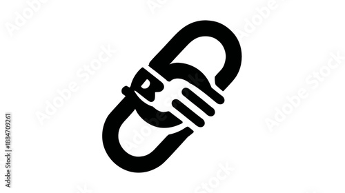 A black and white icon represents unity and cooperation with a handshake integrated into a link