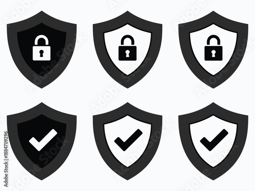Security shield sign vector set, featuring protective shield icons, check marks, and padlock symbols, ideal for cybersecurity, user safety, verification