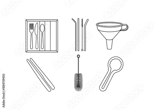 six zero waste kitchen drawer bamboo cutlery tray metal straws jar funnel wooden tongs bottle brush and jar opener flat vector illustration clean black line art minimal detail no color
