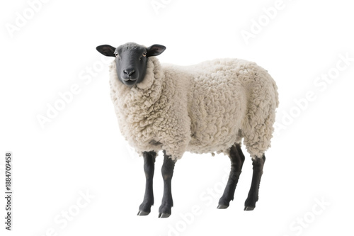 Full body shot of a sheep with thick white wool and black face