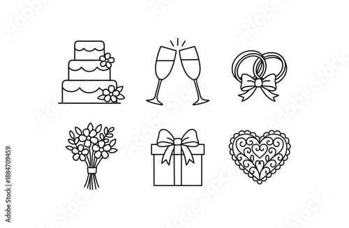 six elegant wedding elements tiered wedding cake with flowers champagne glasses clinking wedding rings with ribbon bridal bouquet gift box with bow decorative heart with lace pattern bold