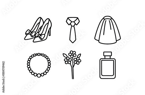 six wedding accessories bride shoes with bow groom tie bridal veil pearl necklace hairpin with flowers perfume bottle bold black outlines minimal detail flat vector illustration no color