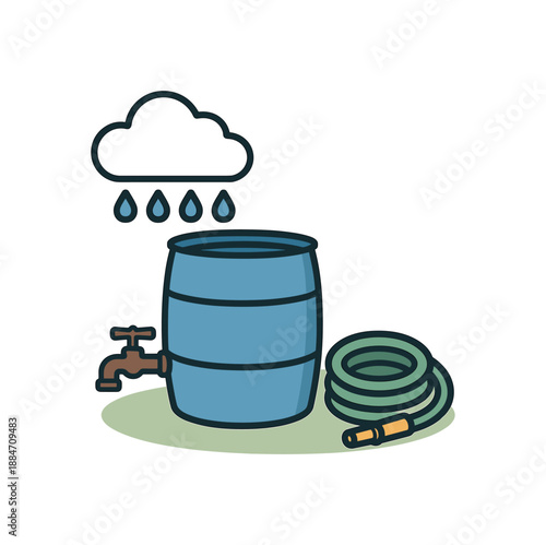 Flat vector illustration of rainwater collection barrel cloud and garden hose soft rounded forms eco awareness style