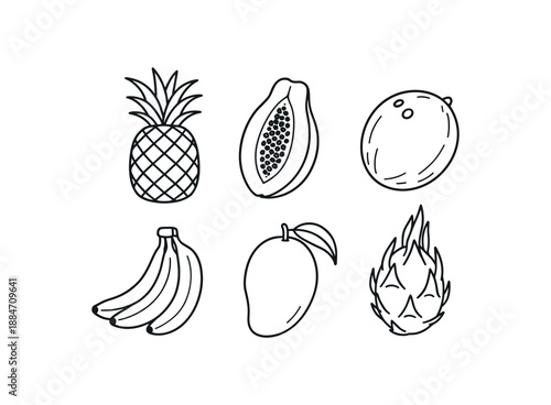 six tropical fruits pineapple papaya coconut banana mango and dragon fruit flat vector illustration clean black line art minimal detail no color white background isolated composition