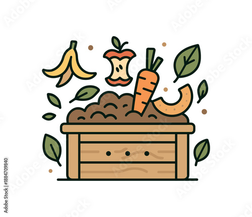 Flat vector illustration of compost system food scraps and leaves soft rounded forms eco awareness style