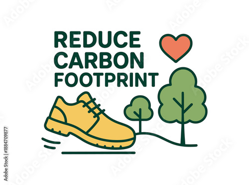 Flat vector illustration of reduce carbon footprint walking shoes tree and heart soft rounded forms eco awareness style