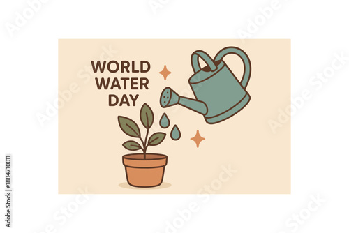 Flat vector illustration of watering can pouring into potted plant soft world water day cozy eco style