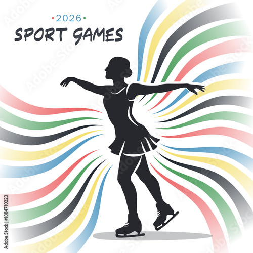 Winter sport games 2026 figure skating poster. Female Ice skater silhouette with elegant pose and flowing Olympic ribbons in colors. Flat modern banner for international winter sports event visuals.