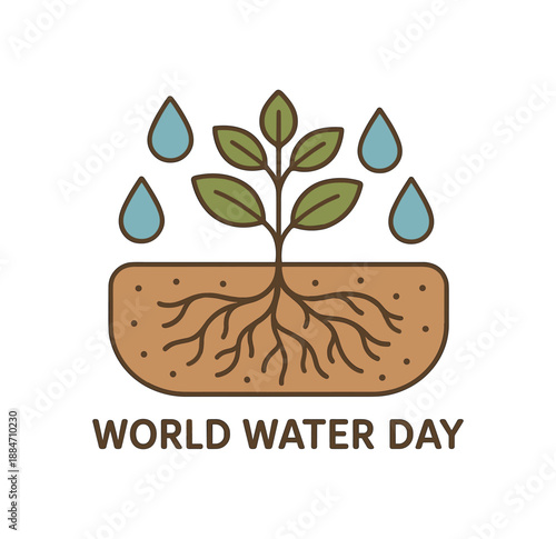 Flat vector illustration of plant roots and soil absorbing water droplets soft world water day cozy eco style