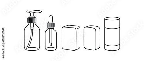 five zero waste bathroom refills glass pump bottle amber dropper bottle bar shampoo bar conditioner and deodorant stick paper tube flat vector illustration clean black line art minimal