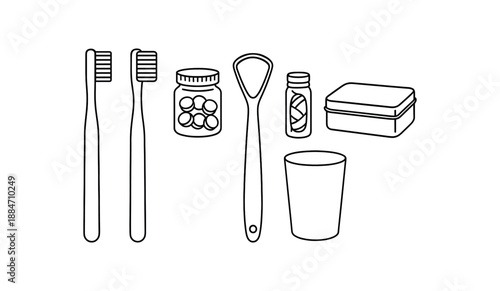 six zero waste oral care bamboo toothbrush toothpaste tablet jar floss glass vial tongue scraper cup and storage tin flat vector illustration clean black line art minimal detail no color
