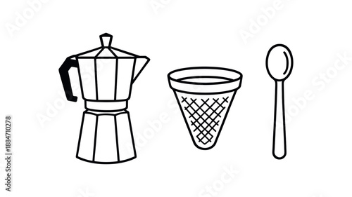 three zero waste coffee setup moka pot reusable coffee filter and metal scoop flat vector illustration clean black line art minimal detail no color white background isolated composition