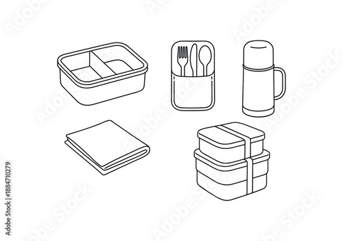 five zero waste picnic kit bento lunchbox cutlery set cloth napkins thermos and stackable containers flat vector illustration clean black line art minimal detail no color white background