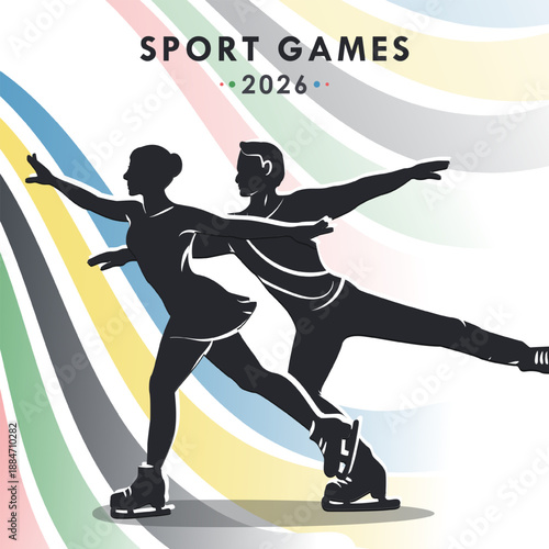 Poster with silhouettes of female and male Ice skater silhouette with elegant pose in motion with Olympic colors wavy stripes background. 2026 sport games. Figure skating championship in Italy