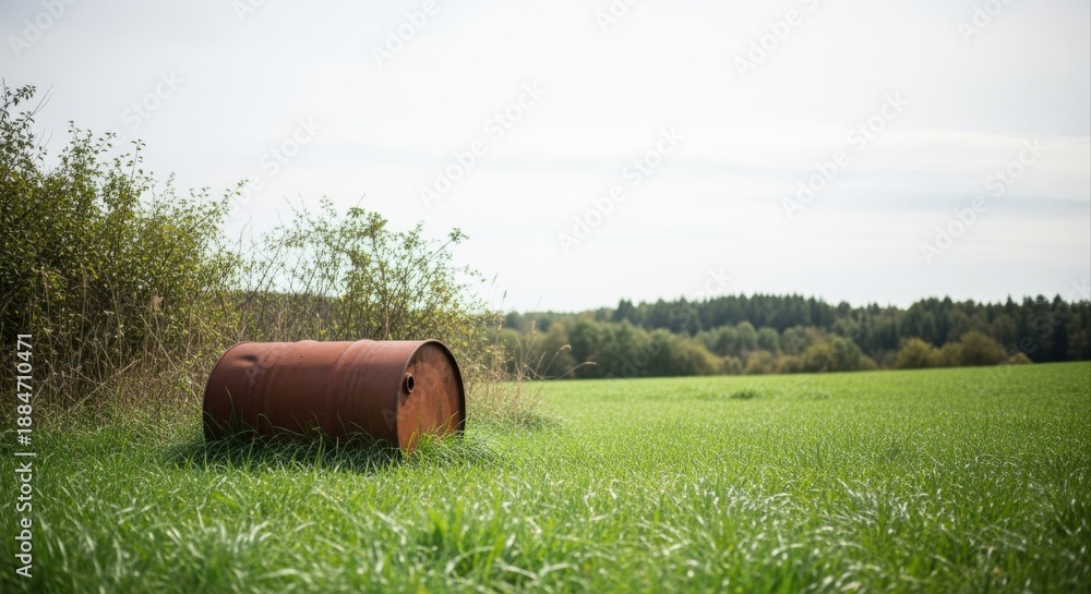 Obraz premium Rusty Barrel Abandoned in Field with Greenery, Under Cloudy Sky - Environmental Decay Concept