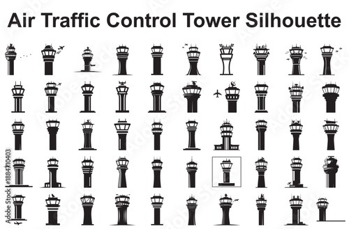 Collection of air traffic control towers silhouette isolated on white background