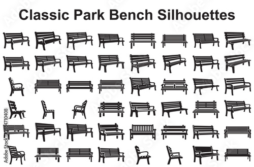 Collection of classic park bench silhouettes isolated on white background