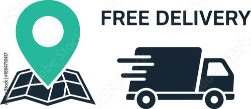 Free Delivery Icon with Map Pointer and Delivery Truck E-commerce and Shipping Concepts
