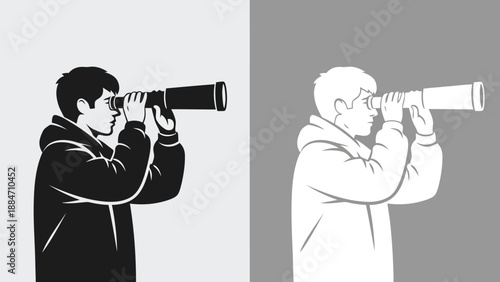 Vector Illustration of Man Looking Through Telescope in Different Colors