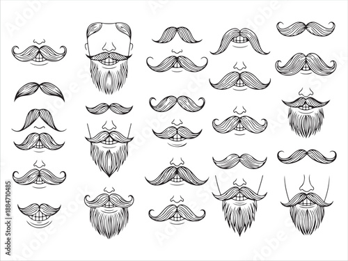 Collection of diverse mustache styles isolated on white background