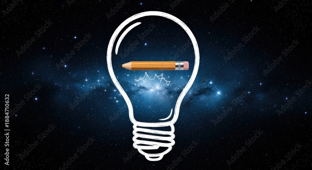 Fototapeta premium Creative Idea Generation: Pencil Inside a Light Bulb Against a Starry Night Sky
