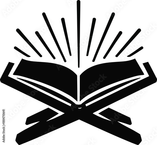 Black icon of an open book with sunburst on crossed lectern