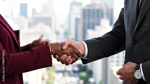 Close up business handshake two unrecognizable multiracial diversity people in city handshaking hands gestures talking African American businesswoman woman female Caucasian man businessman male deal