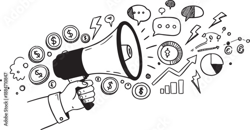 Hand holding megaphone announcing financial growth and business success with coins charts and lightning bolts symbolizing marketing communication and economic progress in a doodle