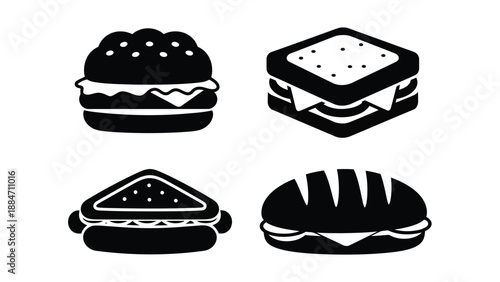 Vector Illustration of Various Burger Icons in Black and White