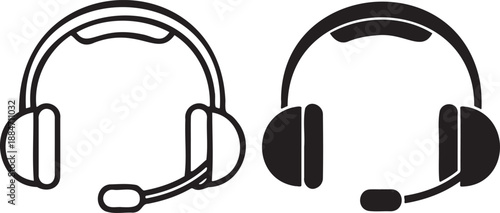 Close up view of two distinct headphone icons with microphones one outlined in black and white and the other solid black symbolizing communication support and audio technology