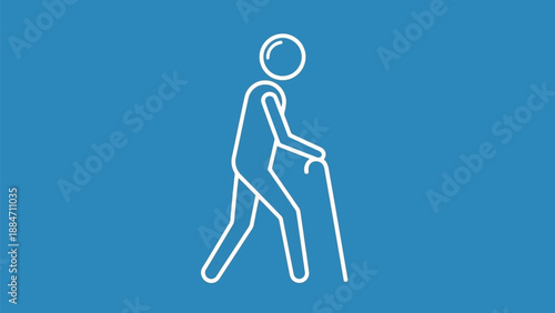Vector Illustration of Elderly Person Walking with Cane on Blue Background
